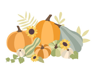 Obraz na płótnie Canvas Autumn concept for Harvest festival or Thanksgiving Day. Pumkins with sunflowers and leaves. Background for posters, web, banners, flyers, postcards 