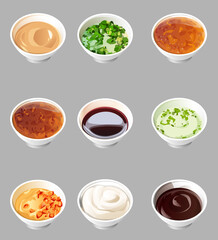 a set of sauces in neat white saucers. realistic stylized white saucers are filled with colorful appetizing sauces