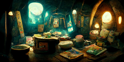 Inside fantasy wizard magician's house wizard elf with spellbooks goblins - obrazy, fototapety, plakaty