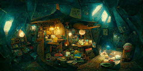Inside fantasy wizard magician's house wizard elf with spellbooks goblins