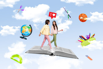 Creative 3d photo artwork graphics painting of little kids children walking big open book isolated drawing background