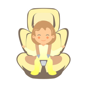 Happy little girl sitting in child car seat, on white background