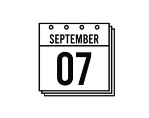 September 7 calendar. September month calendar black and white icon. Simple 3D vector.