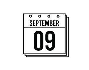 September 9 calendar. September month calendar black and white icon. Simple 3D vector.
