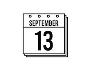 September 13 calendar. September month calendar black and white icon. Simple 3D vector.