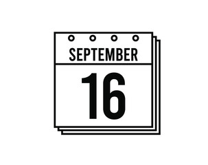 September 16 calendar. September month calendar black and white icon. Simple 3D vector.