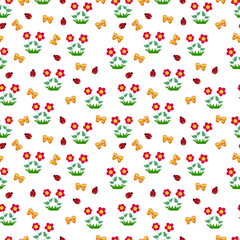 Seamless children s white background with sun, clouds, flowers and mushrooms. Vector graphics