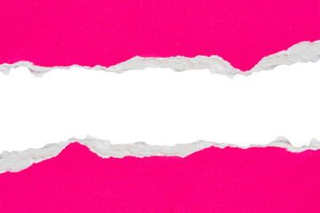 Pink ripped paper torn edges strips isolated on white background