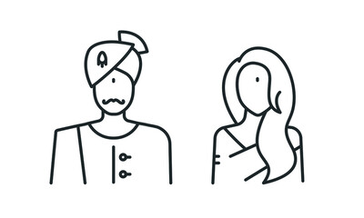 Indian people couple line icon set. Young woman with long hair and indian sikh man in turban. Bride and groom symbols. Vector illustration