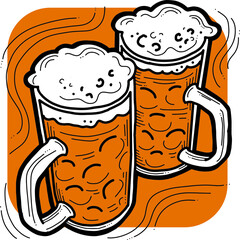 Beer mug full of foamy cold drink. Traditional German beverage. Octoberfest symbol, brewery logo, advertising sign for poster design or postcard. Hand drawn illustration. Cartoon style vector drawing.