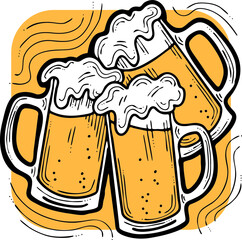 Beer mug full of foamy cold drink. Traditional German beverage. Octoberfest symbol, brewery logo, advertising sign for poster design or postcard. Hand drawn illustration. Cartoon style vector drawing.