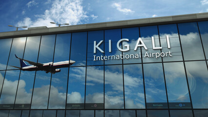 Airplane landing at Kigali Rwanda airport mirrored in terminal