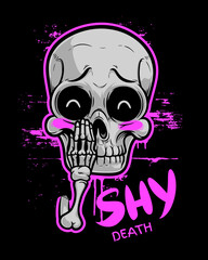Cartoon shy skull with the bright pink lettering. Vector illustration, can be used as T-shirt print. Black, pink and grey series. 