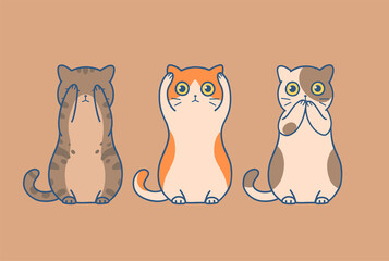 Three wise cute cats illustration. Not see, not hear, not speak evil. Three wise cute series. 