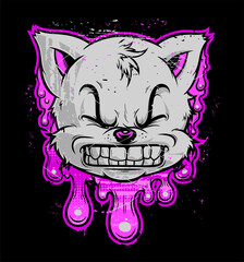 Cartoon cat head on the bright pink liquid elements. Vector illustration, can be used as T-shirt print. Black, pink and grey series.  - obrazy, fototapety, plakaty