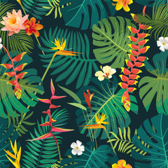 Fototapeta na wymiar Vector Summer seamless repeat pattern. Vivid colors beautiful tropical jungle exotic leaves. Summer design tileable background. Monstera, hibiscus, bird of paradise, heliconia flowers digital paper