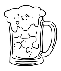 Beer mug full of foamy cold drink. Traditional German beverage. Octoberfest symbol, brewery logo, advertising sign for poster design or postcard. Hand drawn illustration. Cartoon style drawing.