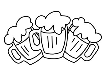Beer mug full of foamy cold drink. Traditional German beverage. Octoberfest symbol, brewery logo, advertising sign for poster design or postcard. Hand drawn illustration. Cartoon style drawing.