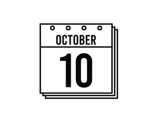 October 10 calendar. October month calendar black and white icon. Simple 3D vector.