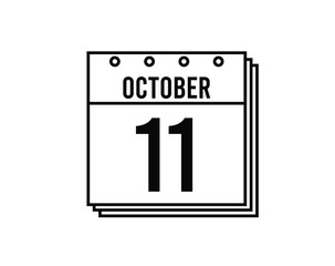 October 11 calendar. October month calendar black and white icon. Simple 3D vector.