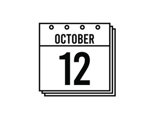 October 12 calendar. October month calendar black and white icon. Simple 3D vector.