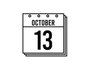 October 13 calendar. October month calendar black and white icon. Simple 3D vector.