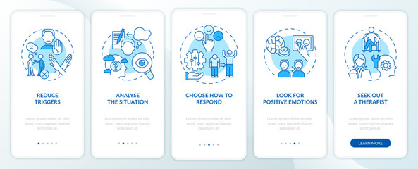 Strategies for emotional regulation blue onboarding mobile app screen. Walkthrough 5 steps editable graphic instructions with linear concepts. UI, UX, GUI template. Myriad Pro-Bold, Regular fonts used