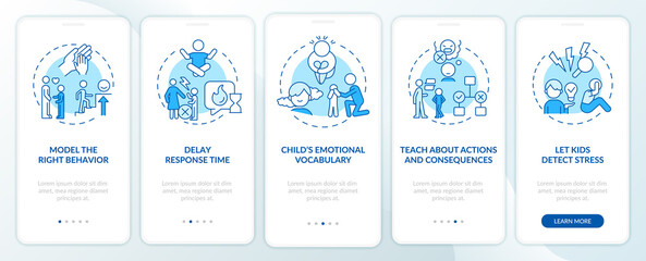 Fototapeta na wymiar Fostering emotional regulation in child blue onboarding mobile app screen. Walkthrough 5 steps editable instructions with linear concepts. UI, UX, GUI template. Myriad Pro-Bold, Regular fonts used