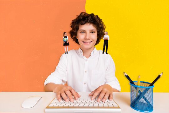 Collage image of happy smiling boy study keyboard typing two little miniature people stand shoulders isolated on divided creative background