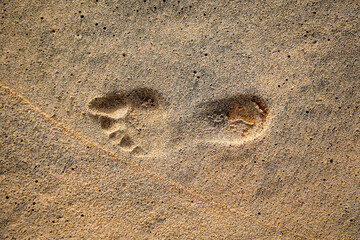 Der Fußabdruck einer Person im feuchten Sand am Strand.