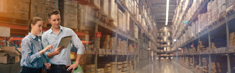 Warehouse manager talking and using digital tablet while checking product in warehouse, Banner cover design.