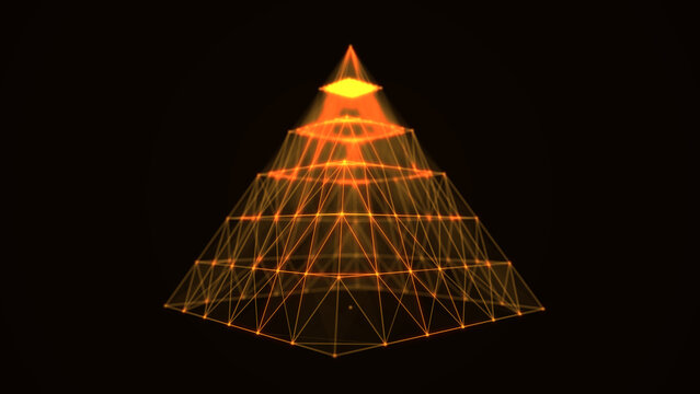 Sci-fi pyramid with particles and lines. Figure frame. Concept network connection. Abstract technology background. 3d rendering.
