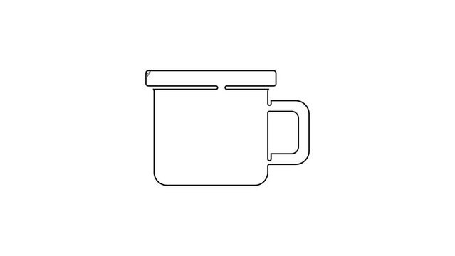 Black line Camping metal mug icon isolated on white background. 4K Video motion graphic animation
