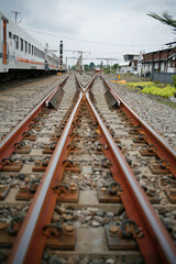 railway tracks in the station in java Indonesia. Railroad switch / turnout. Railway tracks with...