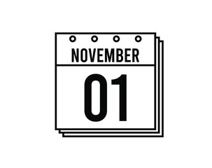 November 1 calendar. November month calendar black and white icon. Simple 3D vector.