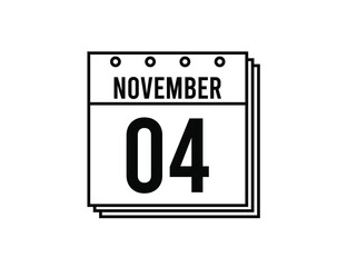 November 4 calendar. November month calendar black and white icon. Simple 3D vector.