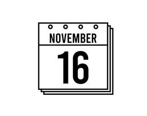 November 16 calendar. November month calendar black and white icon. Simple 3D vector.