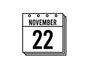 November 22 calendar. November month calendar black and white icon. Simple 3D vector.