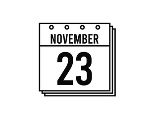 November 23 calendar. November month calendar black and white icon. Simple 3D vector.