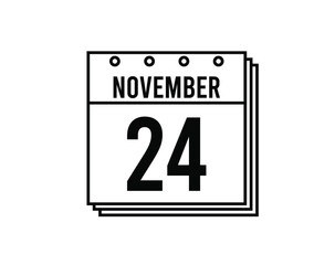 November 24 calendar. November month calendar black and white icon. Simple 3D vector.