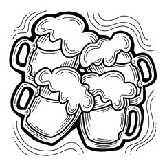Beer mug full of foamy cold drink. Traditional German beverage. Octoberfest symbol, brewery logo, advertising sign for poster design or postcard. Hand drawn illustration. Cartoon style drawing.