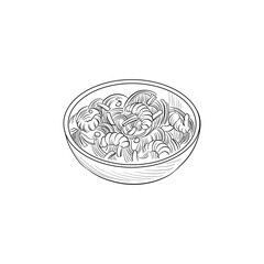 vector drawing bowl with udon noodes and shrimps, plate of asian food isolated at white background, hand drawn illustration