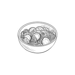 vector drawing bowl with udon noodles and vegetables, plate of asian food isolated at white background, hand drawn illustration