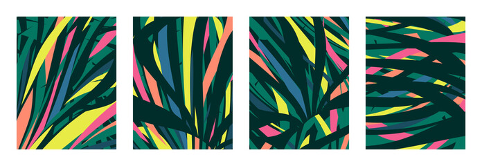 Abstract foliage backgrounds set with multicolored tropical leaves. Modern vector illustration of exotic plants mixes. Trendy contemporary design for artistic cards, creative banners or playful prints