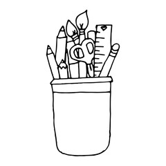 Handdrawing cup of supplies black and white isolated. Stock vector illustration.