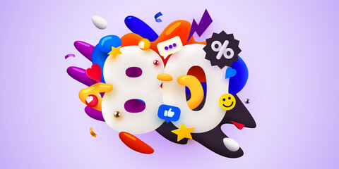 80 percent Off. Discount creative composition. 3d sale symbol with decorative objects. Sale banner and poster.