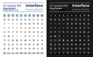 Minimalist and simple looking pixel perfect linear ui icons set for dark, light mode. Outline isolated user interface elements for night, day themes. Editable stroke. Montserrat Bold, Light fonts used