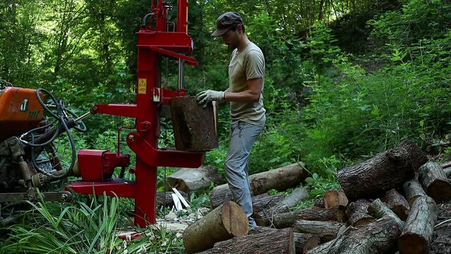 cutting a log in half with a hydraulic log splitter, slow motion shot