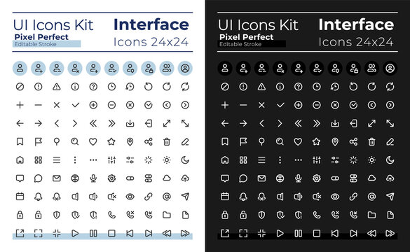 Minimalist and simple looking pixel perfect linear ui icons set for dark, light mode. Outline isolated user interface elements for night, day themes. Editable stroke. Montserrat Bold, Light fonts used