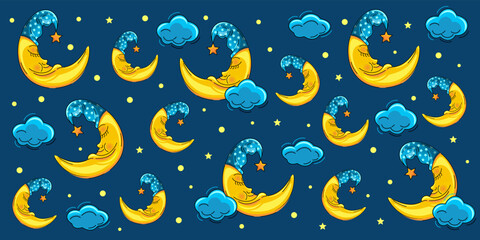 Fototapeta na wymiar Goodnight background. Fabulous background or wallpaper for a children's bedroom. The pattern is a sweetly sleeping moon against the background of the night sky. Vector illustration